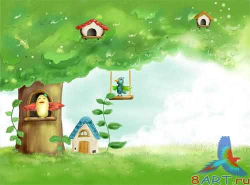 PSD - Cartoon birds in forest