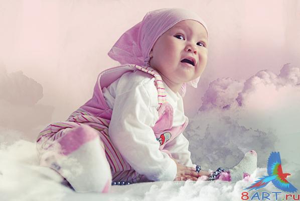 Little girl in pink clouds -     