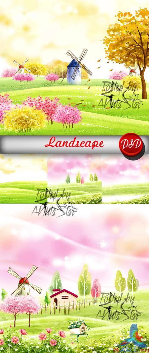 PSD - Landscape вид из мельницей PSD - Landscape вид почти мельницей