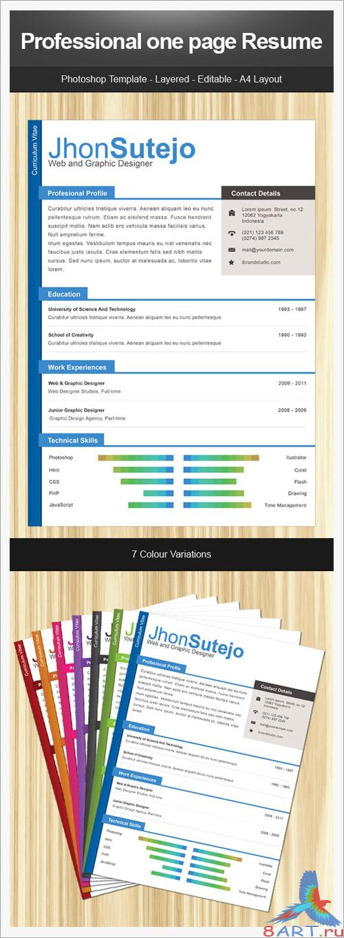 Professional One Page Resume PSD Template Professional One Page Resume PSD Template