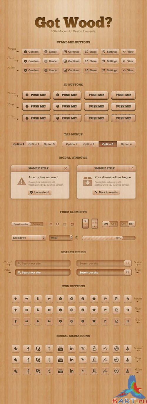 Got Wood UI Design Elements PSD Template